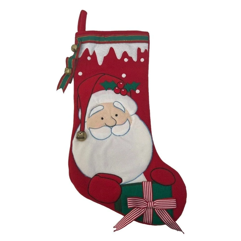 Santa Claus Christmas Stocking‎ Bells Ribbon Red Holiday
